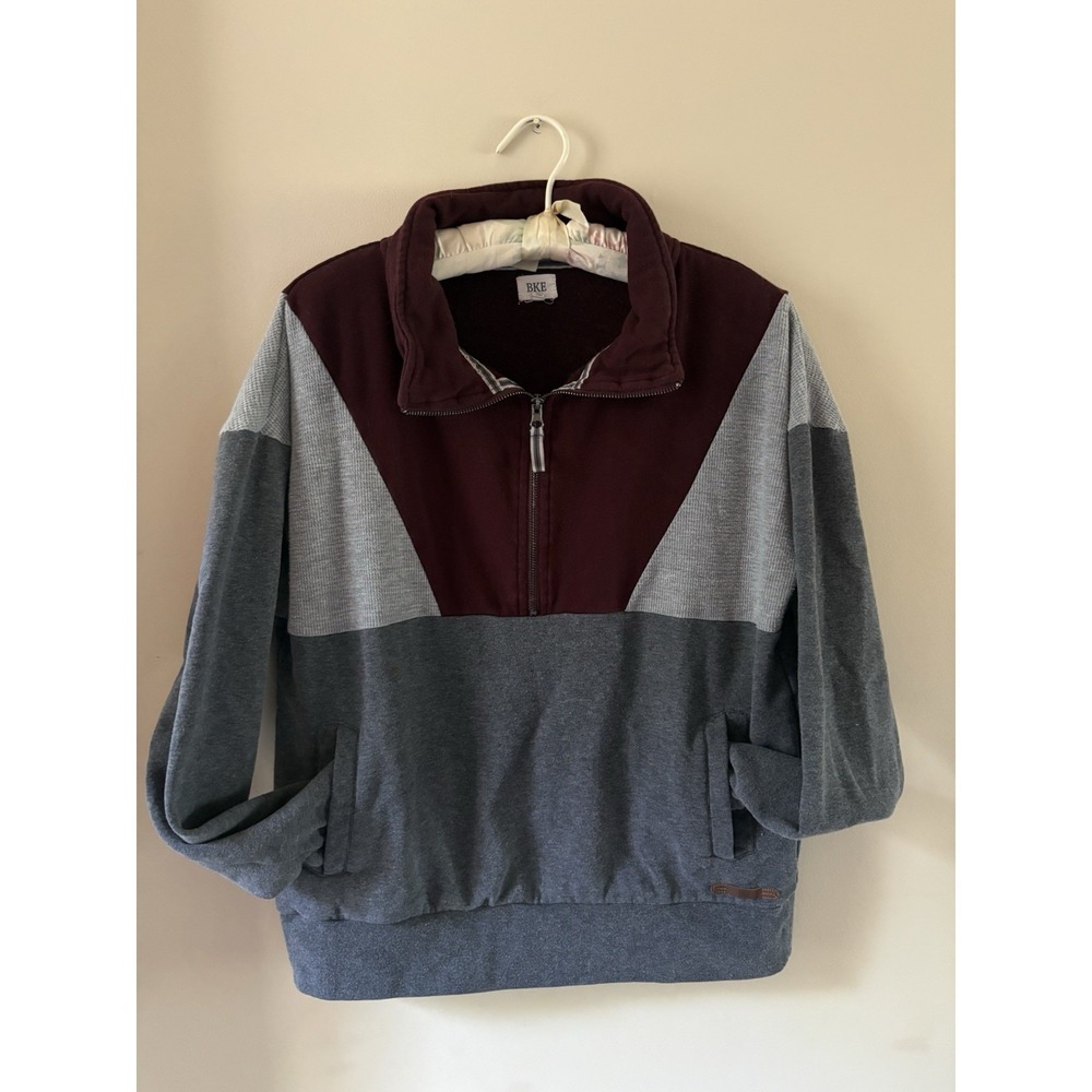 BKE Color Block Pullover Sweatshirt Mens Small Grey Burgundy  Half Zip Mock Neck
